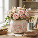 7.7" Large Ceramic Plant Pot Beige Pink Floral Vine Crackle Glaze Rustic Flowers Pot Decorative Planter with Drainage for Indoor Outdoor Plants Home Kitchen Office Decor Gift