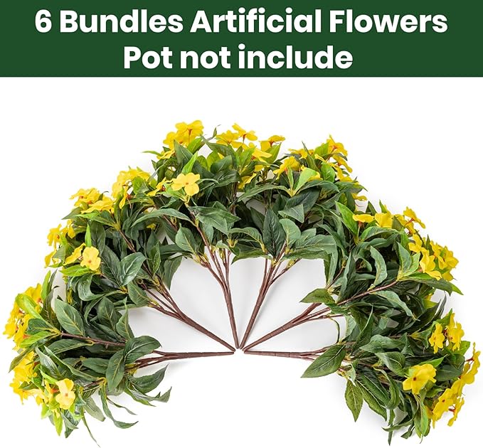 Nigirior Artificial Fake Flowers for Outdoor Décor 6 Bundles UV Resistant Fake Plants for Planter Faux Impatiens for Home Porch/Garden Stunning（Yellow）
