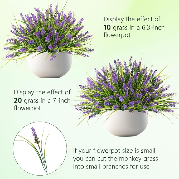 N&T NIETING Artificial Plants Outdoor, 20 Bundles Fake Monkey Grass with Spring Summer Flowers, Faux Plants for Garden Window Office Patio Hanging Planter Pathway Front Porch Home(Purple)