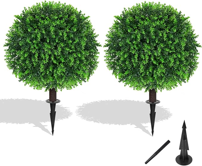 Grooy Artificial Topiary Tree with Eucalyptus, Set of 2 Artificial Shrub Bushes with Ground Spike, Fake Evergreen Tree for Porch, Artificial Plants for Outdoor Planters Indoor UV Resistant