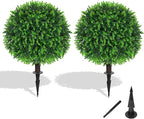 Grooy Artificial Topiary Tree with Eucalyptus, Set of 2 Artificial Shrub Bushes with Ground Spike, Fake Evergreen Tree for Porch, Artificial Plants for Outdoor Planters Indoor UV Resistant
