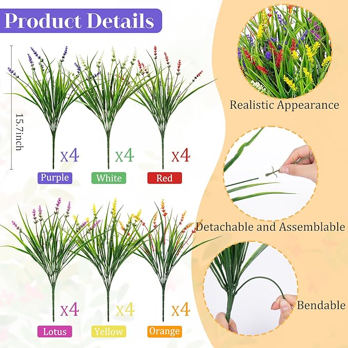 24 Bundles Artificial Plants Flowers Outdoor, Faux Lavender Flowers Fake Monkey Grass UV Resistant Plastic Plant for Porch Garden Patio Window Home Decor, Mixed Color