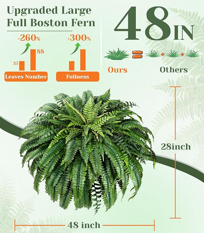 MARTINE MALL 2Pcs 48''/ 88 Leaves XXL Large Fake Ferns Artificial Ferns for Outdoors, UV Resistant Faux Boston Fern for Outdoor Planter Realistic Hanging Artificial Fake Plants for Porch Patio