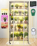 Meonum Indoor Greenhouse with Grow Lights, 6 Tier Metal Plant Shelf with Cover (30" x 13.8" x 70.8"), 5 Pack Full Spectrum Growing Lamps for Seed Starting, Grow Rack with Timer, Thermometer, pH Meter
