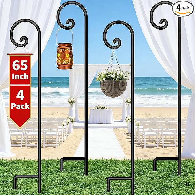 BEAU JARDIN 4 Pack Shepherds Hook 65 inch One Piece Structure No Assembly Required 1/2in Solid Shepards Hook for Outdoor Garden Plants Hummingbird Bird Feeders Pole Lanterns Heavy Duty