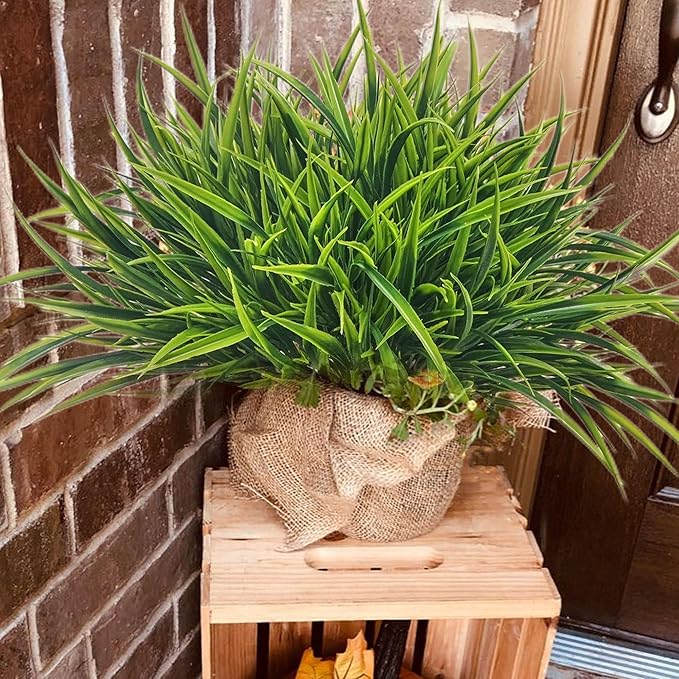 12 Bundles Artificial Outdoor Plants UV Resistant Fake Grass Plants Faux Plastic Greenery Shrubs for Home Garden Pathway Window Box Front Porch Spring Summer Decor, Green