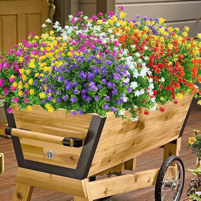 12 Bundles Outdoor Artificial Flowers UV Resistant Fake Boxwood Plants, Faux Greenery for Indoor Outside Hanging Plants Garden Porch Window Box Home Wedding Farmhouse Décor (Orange Red)