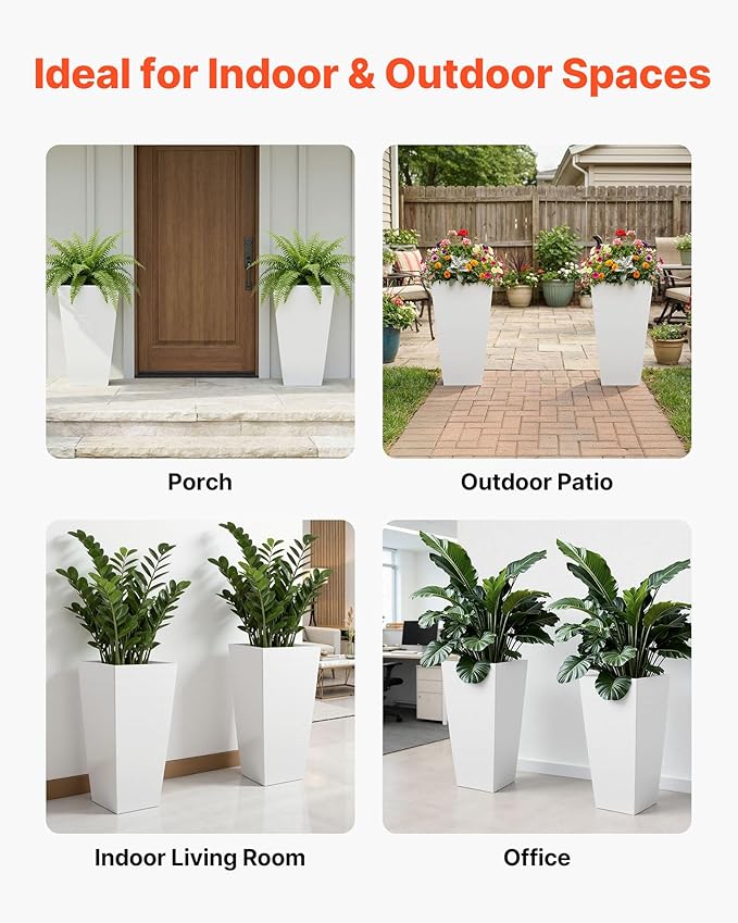 VEVOR 26 Inch Tall Planter Set of 2, Outdoor Large Tall Planters for Outdoor Indoor Plants, White Tapered Planter for Front Porch, Patio, Garden, Plant Container Flower Pots with Built-in Drainage