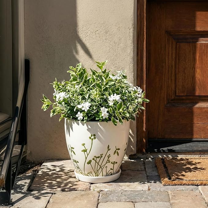 MPotTo Ceramic Pot for Plants 10 Inch - Indoor Planter for Plants with Drainage Hole and Saucer, Decorative Boho Round Planter, Gardening Gifts for Women Men, Office Home Garden Decor, White