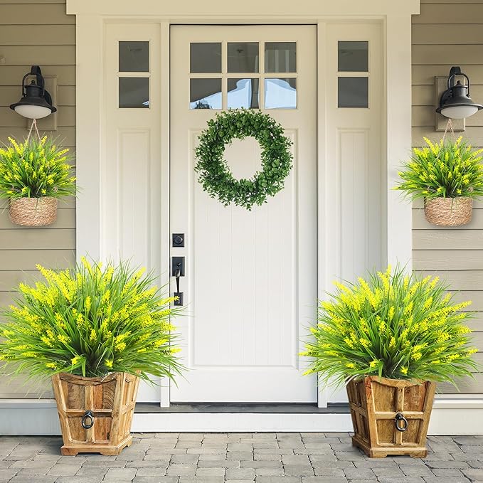 Sggvecsy 24 Bundles Artificial Plants Outdoor Faux Lavender Flowers Fake Monkey Grass UV Resistant Plastic Greenery Plants for Garden Home Porch Window Patio Hanging Planter Indoor Decor (Yellow)