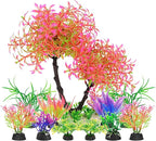 AQUANEAT Artificial Aquarium Plants, Fish Tank Pink Tree Decoration Set, Plastic Accessories, 11pcs