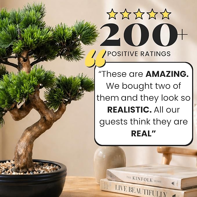 Artificial Bonsai Tree 16" Tall with Realistic Wood and Ceramic Pot, Fake Plants for Home, Bedroom and Office Desk, Japanese Decor