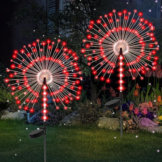 2 Pack 250LED Solar Garden Lights Outdoor, Dual Lighting Modes Firework Lights Solar Powered, Waterproof Twinkle Fairy Light Outside for Yard Patio Pathway Christmas Party Decorative(Red)
