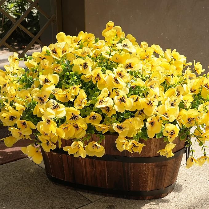 Artificial Flowers for Outdoor, UV Resistant Fake Silk Pansies Flowers, Realistic Faux Plants for Outside Indoor Porch Patio Window Box Planter Home Decor (16, Yellow)