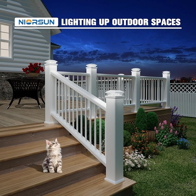 NIORSUN Solar Post Lights Outdoor, Fence Post Solar Lights Cool White, Waterproof, Garden Patio Fence Deck Decor, 4x4 Posts Cap Wood Vinyl, 5x5 Vinyl, White 16 Pack