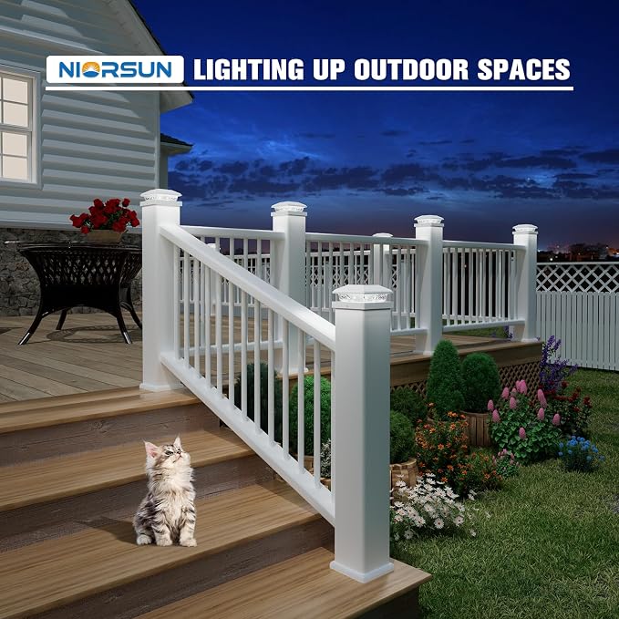 NIORSUN Solar Post Lights Outdoor, Fence Post Solar Lights Cool White, Waterproof, Garden Patio Fence Deck Decor, 4x4 Posts Cap Wood Vinyl, 5x5 Vinyl, White 6 Pack