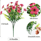 ATTGREAT Artificial Flowers Outdoor Faux Plants UV Resistant Fake Patio Flowers Plastic Greenery Plnats Outside Bulk for Spring Garden Hanging Planter Home Vase Decor, 24 Bundles (Rose Red)