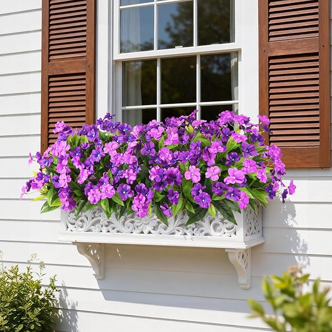 Artificial Impatiens Flowers for Outdoors, 6 Bundles Silk Fake Flowers for Spring Summer Decoration, UV Resistant Faux Plants Plastic Bouquet for Home Planter Porch Patio Yard Decor(Double Purple)