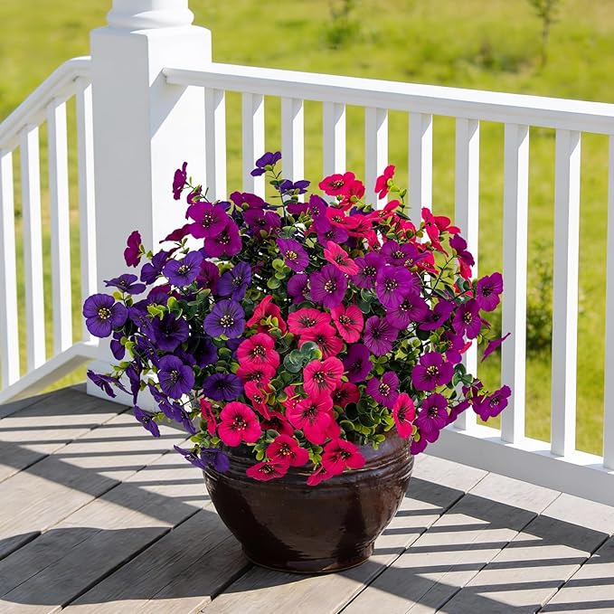 17 Inch Artificial Faux Pansy Flowers for Outdoor,Fake Pansies Flowers with Eucalyptus Leaves Fake Plants Greenery Boxwood Porch Patio Decor 6 Bundles(Dark Purple,Magenta,Dark Rose)
