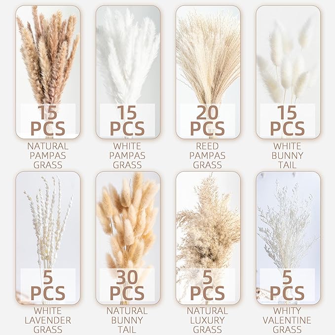 130PCS Natural Dried Pampas Grass Boho Home Decor Bouquet Phragmites Dried Flowers Bouquet for Wedding Floral Arrangements Living Room Decorations (130PCS)