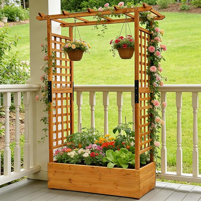 Raised Garden Bed with Wood Trellis Set of 2 Outdoor Planter Box for Tomatoes Climbing Vegetables Herbs Flowers Patio Pots Tall Hanging Roof 2 Drainage Holes Orange, 42.5" L x 17.3" W x 66.1" H