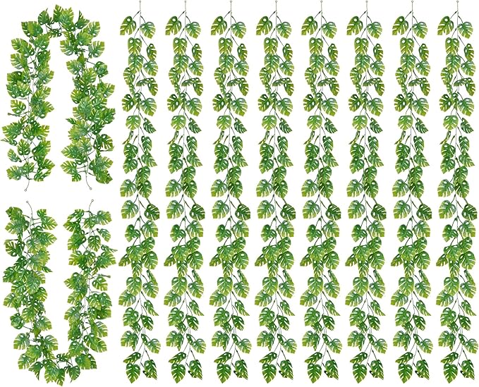 8Pcs Artificial Tropical Leaves Garland, 5.9FT Fake Monstera Leaves Vines Hanging Plant Ivy Faux Palm Leaf Greenery Garland for Garden Porch Patio Jungle Beach Birthday Party Indoor Outdoor