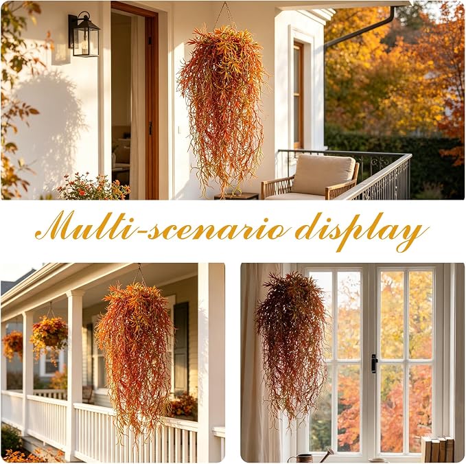 dallisten 4Pcs Autumn Fake Hanging Fern Plants for Outdoors, UV Resistant Artificial Ferns Fall Vines Faux Trailing Plants for Indoor Wall Porch Home Thanksgiving Halloween Decor(4PCS Orange Ferns)