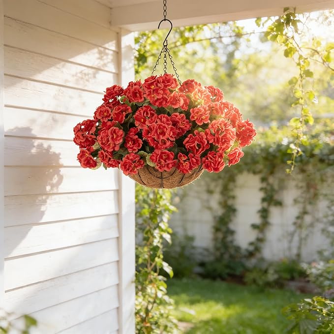 INSPRING Geraniums Artificial Flowers Hanging Basket for Outdoors Outside Spring Decoration, 8 Bundles Silk Flowers Fake Plants Look Real UV Resistant for Porch Home Patio Balcony Yard, Red