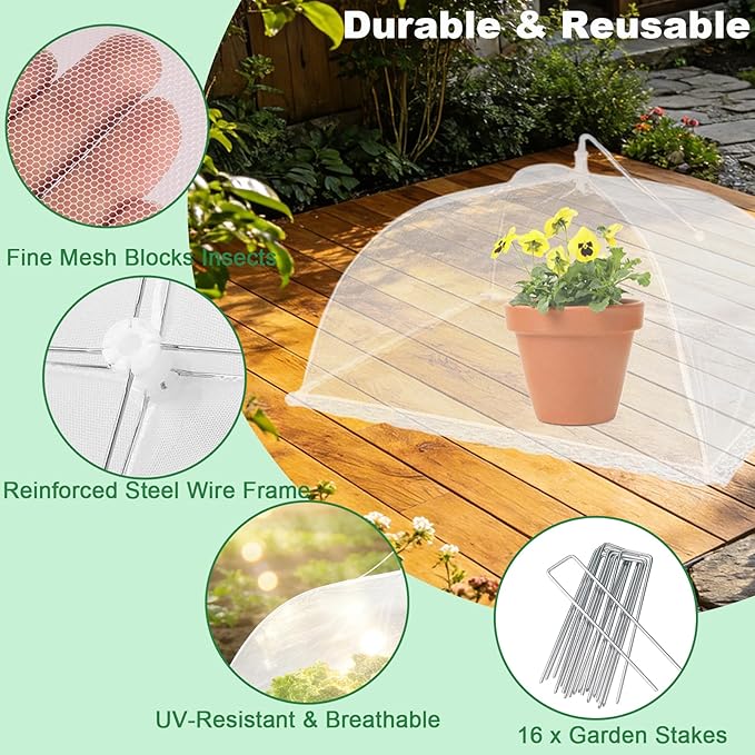 4 Packs Mesh Plant Cover with 16 Ground Stakes, Pop-up Mesh Plant Cover for Outdoor, Reusable Mesh Plant Protector for Vegetables Seedlings and Herbs, Strawberry Plant Protector(17 x 17 Inch)