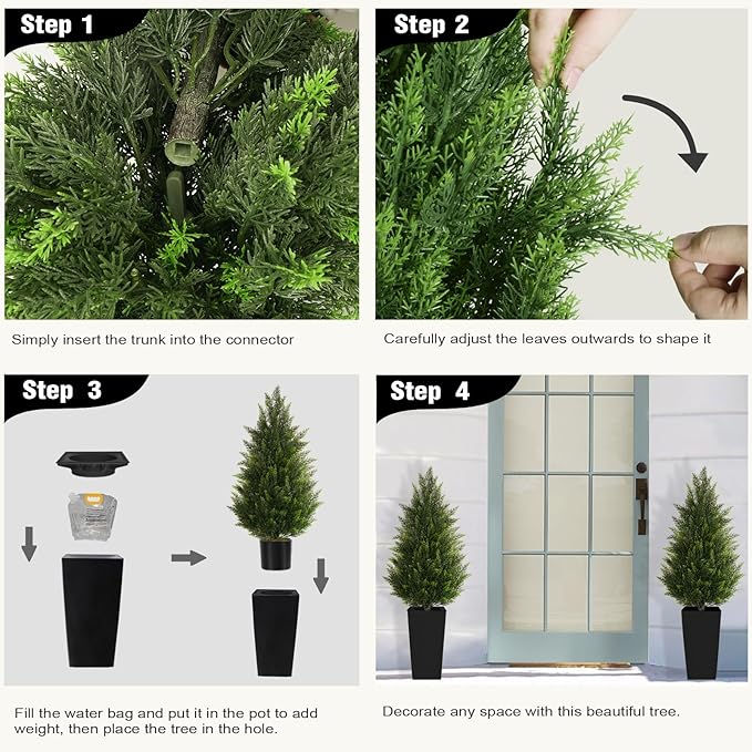 4FT Tall Artificial Cedar Topiary Tree with Compact Pyramidal Shape, Realistic Faux Cypress in Square Black Pot with Fillable Water Bag, Outdoor Evergreen for Front Porch Garden Home Decor