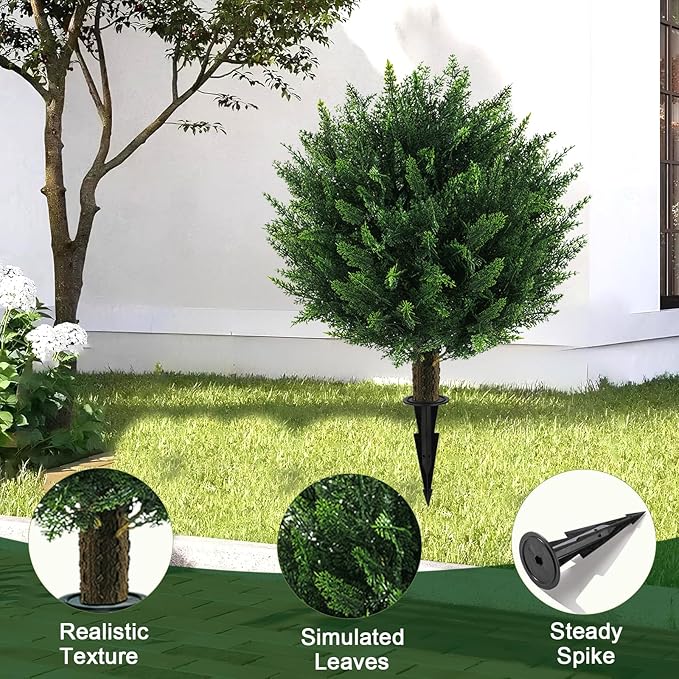 Artificial Cedar Topiary Ball Tree with Ground Spike, Set of 2 UV Resistant Artificial Bushes for Outdoors Faux Shrubs, Weatherproof Fake Round Cypress Ball Bushes Plant for Front Porch