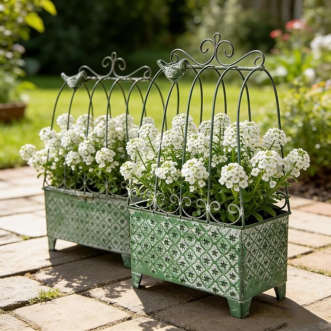 2-Piece Vintage Metal Birdcage Planter Set, Rustic Distressed Plant Holder, Farmhouse Floral Containers for Indoor Outdoor Garden, Patio & Tabletop Decor