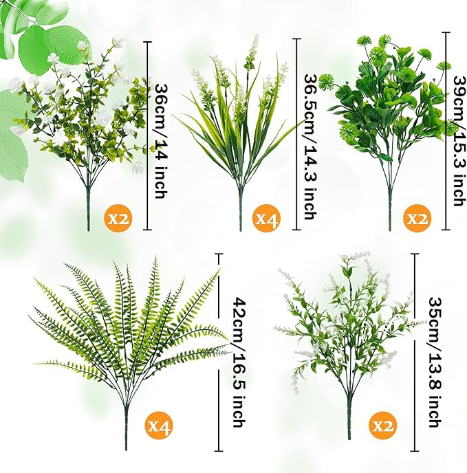 14 Bundles 5 Styles Fake Plants UV Resistant Artificial Outdoor Plant Boston Fern Lavender Plastic Flowers Greenery Shrubs for Outside Front Porch Balcony Patio Garden Home Decor