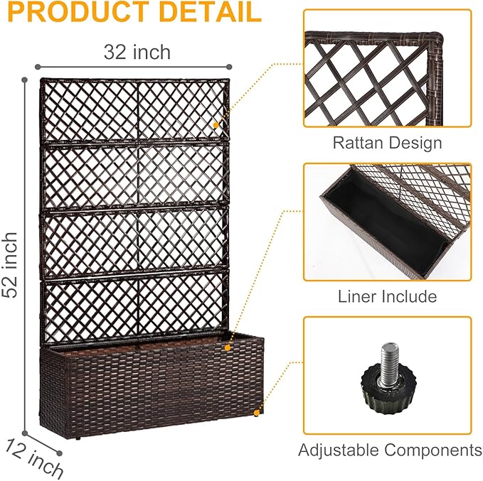 52’’ H Garden Planter Box with Trellis Outdoor for Vine Climbing Plants, Flowers Handwoven Rattan Garden Bed with Removable Liners for Backyard Patio Balcony