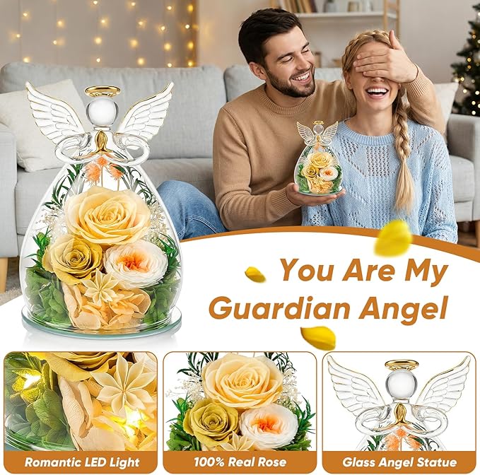 Preserved Rose in Glass Angel Figurine, Mothers Day Gifts for Mom/Wife/Grandma, Forever Flowers Rose Anniversary, Graduation or Birthday Gifts for Women Her