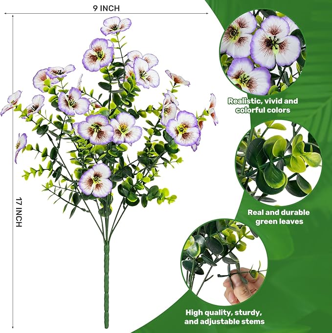 17 Inch Artificial Faux Pansy Flowers for Outdoor,Fake Pansies Flowers with Eucalyptus Leaves Fake Plants Greenery Boxwood Porch Patio Decor 6 Bundles(Light Purple,Pink,Light Purple White)