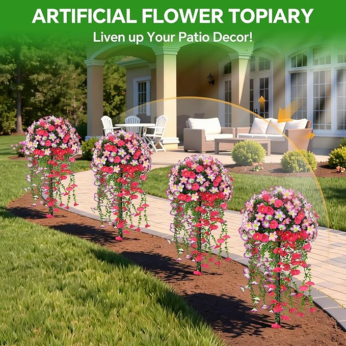 2Pcs Artificial Morning Glory Topiary Trees, Red Fake Shrubs Bushes with Ground Spike, Faux Evergreen for Porch Plants, UV Resistant Artificial Flowers for Outdoors Indoor Front Garden