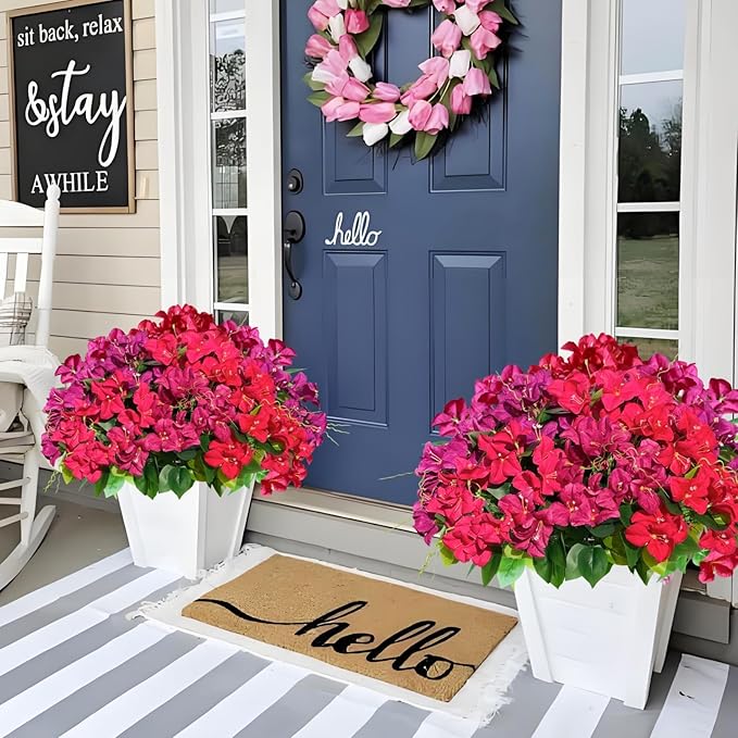 Artificial Bougainvillea Spring Flowers Faux Plants for Outdoors, Fake UV Resistant Look Real Silk Colorful Greenery for Outside Porch Planters Patio Summer Decoration, 8 Bundles