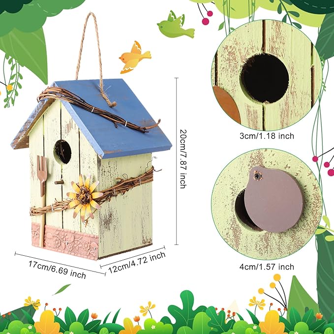 DoubleFill 2 Pcs Birdhouses for Outdoor Hanging Yard Outside Wooden Birdhouse Hand Painted Bird Box for Bird Lovers Bluebird Tree Garden Decor Decorative Birdhouse(Light Color,Wooden Roof)
