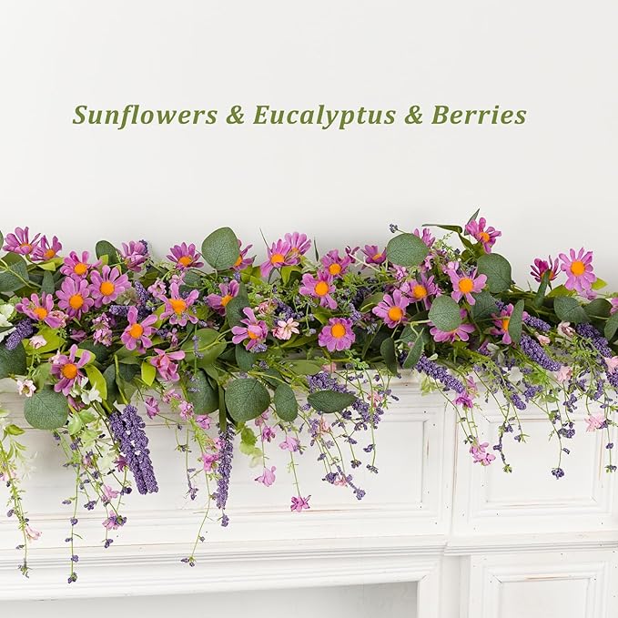 6ft Spring Flower Garland Faux Eucalyptus Greenery with Lavender Purple Daisy Wild Berry Artificial Vine for Easter Wedding Arch Decor Baby Shower Garland Mantle Table Centerpiece