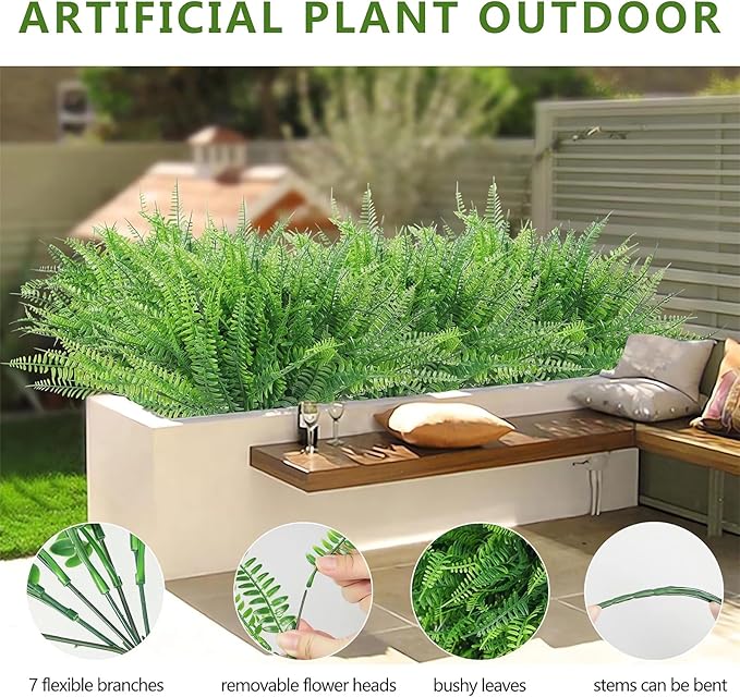 UV Resistant Lifelike Artificial Boston Fern - 2024 New Faux Boston Ferns Outdoor Planter Large, Realistic Fake Feen Hanging Silk Fern Stems Indoor Basket Plant Urn Fillers Front Porch (4, Red)