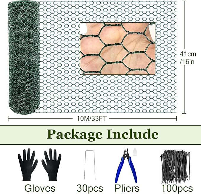 33Ft x 16In Plant Protectors from Animals, Heavy-Gauge Plant Cages for Outdoor Plants with Ties,Pliers,Stakes, Rabbit Plant Cage, Wire Plant Protector,Chicken Wire Fencing Mesh (33Ft x 16In)