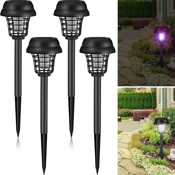 Qualirey 4 Pcs Solar Bug Zapper Waterproof Mosquito Killer Solar Light Power Repellent Lamp for Moth, Gnat, Fly, Small Flying Insect Indoor Outdoor Garden Patio, Purple & White (Plastic, Black)