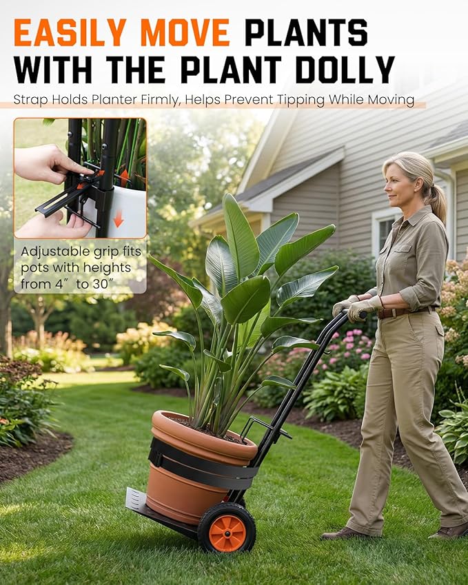 Plant Caddy with Wheels, USA Original Patent, Foldable Plant Dolly Cart with Adjustable Grabbing Arm and Strap, 176 Lbs Heavy Duty Plant Cart for Plant Pots, Indoor & Outdoor Use (Black)
