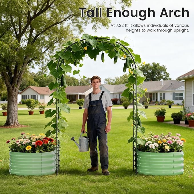 3 in 1 Galvanized Raised Garden Bed with 87" H Arch Trellis for Climbing Plants, Outdoor Gardening Planter Box with Climbing Net for Flower Vegetables Fruits Herbs, Green