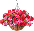 INSPRING Geraniums Artificial Flowers Hanging Basket for Outdoors Outside Spring Decoration, 8 Bundles Silk Flowers Fake Plants Look Real UV Resistant for Porch Home Patio Balcony Yard, Red Pink