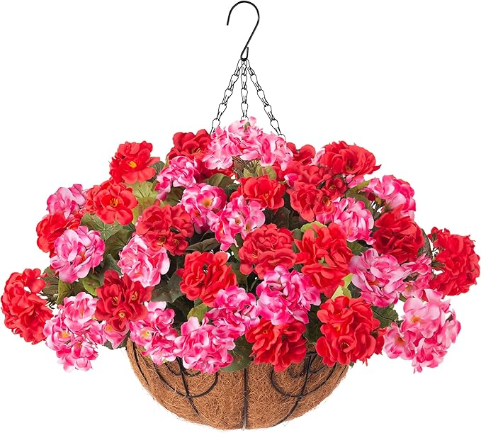 INSPRING Geraniums Artificial Flowers Hanging Basket for Outdoors Outside Spring Decoration, 8 Bundles Silk Flowers Fake Plants Look Real UV Resistant for Porch Home Patio Balcony Yard, Red Pink