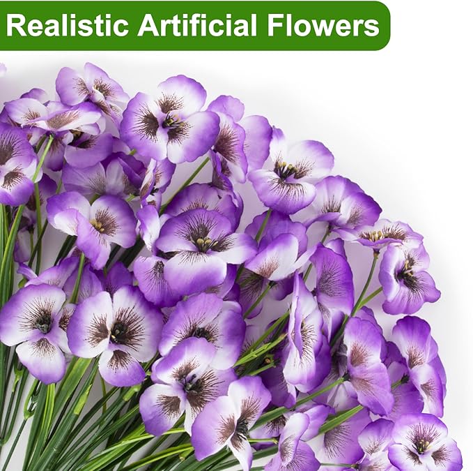 ZAIYW 18 Bundles Artificial Flowers Outdoor Fake Flowers Pansies Faux Artificial Plants for Planter Porch Yard Home Decor (Purple White)