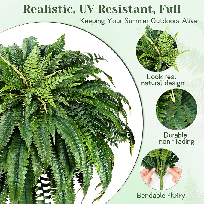 MARTINE MALL 2Pcs 48''/ 88 Leaves XXL Large Fake Ferns Artificial Ferns for Outdoors, UV Resistant Faux Boston Fern for Outdoor Planter Realistic Hanging Artificial Fake Plants for Porch Patio