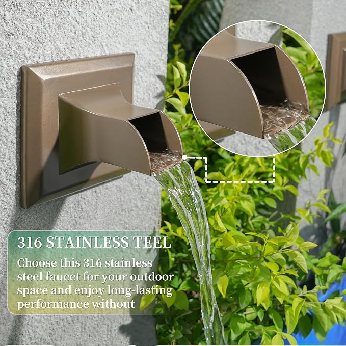 Square 316 Stainless Steel Water Fountain Spout, Outdoor Spillway Scupper with Integrated Spray Baffle, Unique Emitter Water Feature Decor for Patios, Pools, Courtyards, Water Walls(Brown)